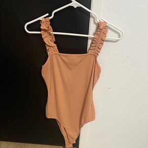 Le Lis Rust Orange Ruffle Strap Ribbed Bodysuit